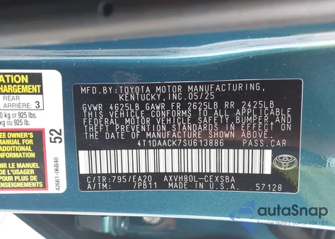 2025 Toyota Camry Se из США, поврежденный, VIN 4T1DAACK7SU613886